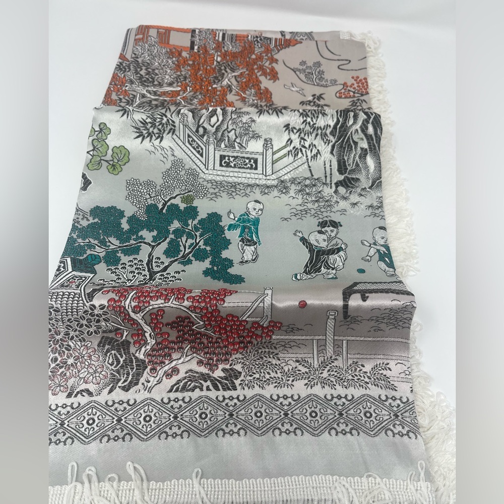 Chinese Silk Brocade Fringe Tablecloth Dragon Dance Asian Tapestry Vintage NWOT